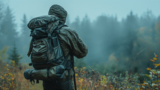 Modern survivalist with backpack and necessary survival equipment