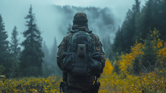 Modern survivalist with backpack and necessary survival equipment