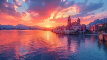 Naklejka premium Evening view of Cefalu, featuring a radiant sunset sky illuminating the town and its historic buildings along the waterfront.