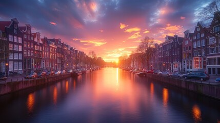 Fototapeta premium Colorful spring sunset over a canal in Amsterdam. The image captures glowing skies and historic row houses reflecting in tranquil waters.