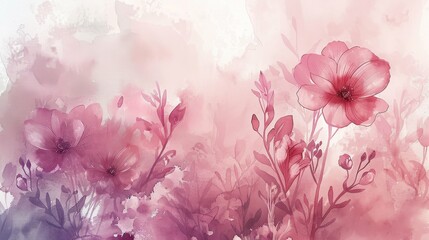 Pastel pink watercolor flowers bloom in a dreamy haze