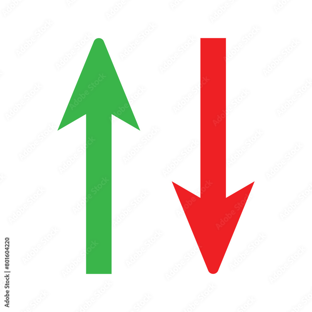 Poster realistic up and down arrow icon. green up and red down arrow icons with rounded edges. vector illus