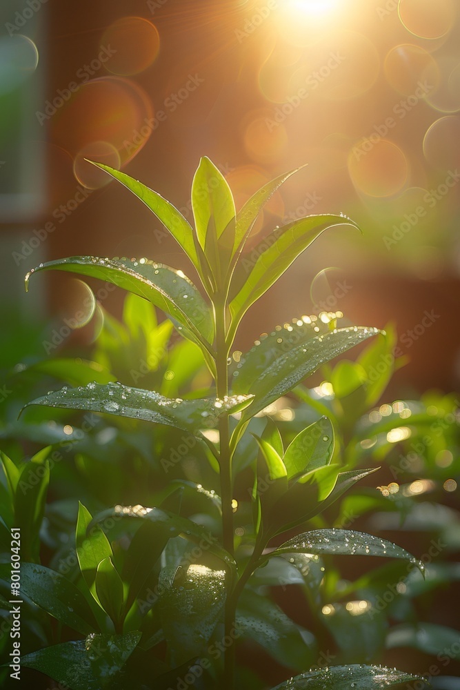 Poster A close up of a plant with water droplets on it, AI