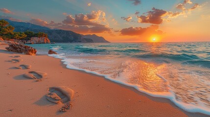 Sunset over a Turkish beach, showcasing radiant skies, gentle waves, and a trail of footprints leading along the shore. - Powered by Adobe