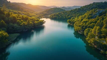 View of Krka National Park in summer, displaying a serene lake surrounded by lush green forest and highlighted by a golden sunset.
