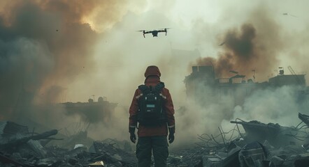 A shot of an emergency worker in front, with his back to the camera, looking at a drone flying over him and standing on top of rubble from buildings that have been destroyed in an earthquak