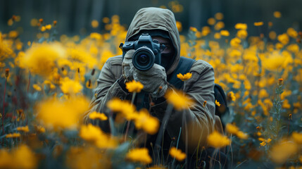 Fototapeta premium A wildlife photographer hides in a meadow of flowers to get the best shot
