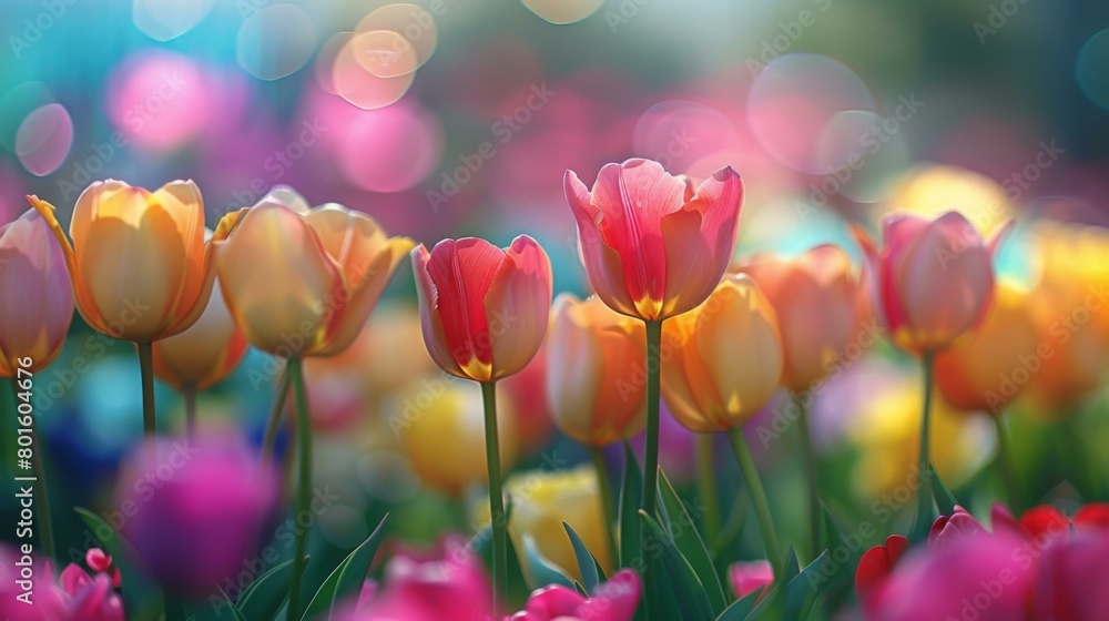 Poster a close up of a field full of colorful tulips. generative ai.