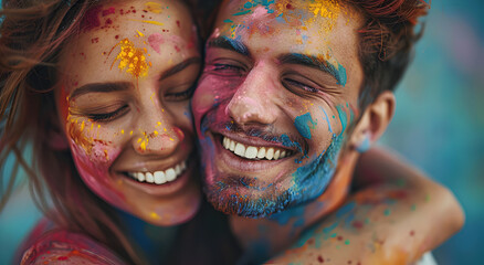 Joyful embrace at Holi festival.