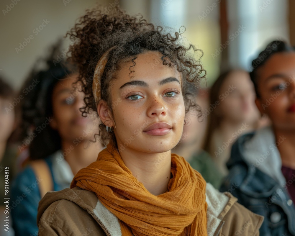 Wall mural A group of a woman with curly hair sitting in front of other people. Generative AI.