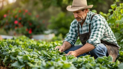 A man in hat and overalls tending to a garden. Generative AI.