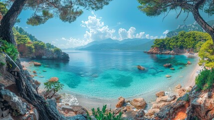Fototapeta na wymiar Panoramic shot of Antisamos Beach on Kefalonia Island, featuring crystal-clear waters, lush green hills, and a serene atmosphere.