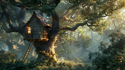 A whimsical treehouse, nestled among ancient oaks, with a single rope ladder leading to a cozy nest...