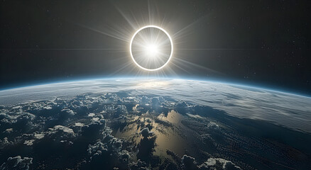 A solar eclipse observed from space above Earth.