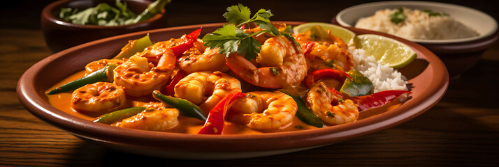 A flavorful and spicy plate of Thai red curry with shrimp and bell peppers.