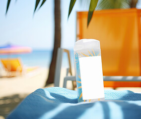 Sunscreen on deck chair, close-up, blurred background, mockup