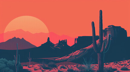 illustration of cactus and sunset in desert