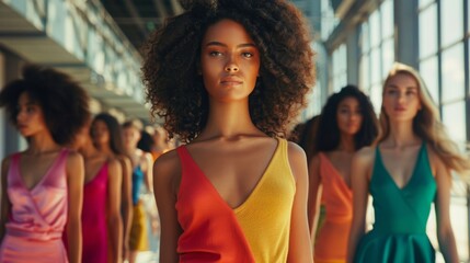 Models in vibrant dresses walking down the runway during a daytime fashion event. - obrazy, fototapety, plakaty