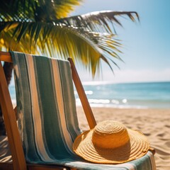 Beach towel and sun hat on sun lounger on ocean background, close-up, space for text