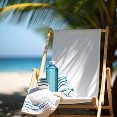 Water bottle and beach towel on a sun lounger, blurred background, close-up.