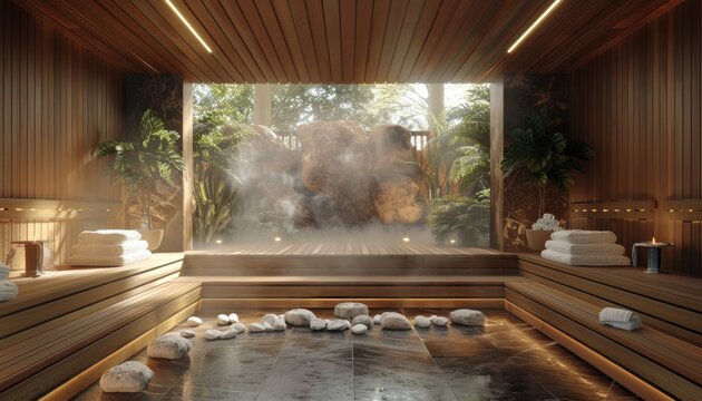 A wooden interior of an indoor steam room with natural wood slats, white stones and towels on the side. The steam is rising from underneath them, creating an atmosphere of warmth and relaxation
