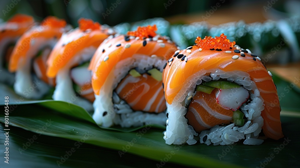 Poster a close-up of sushi on a plate with a leaf in the foreground and another sushi in the background