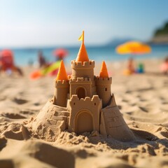 Sand castle on ocean background, close up, copy space