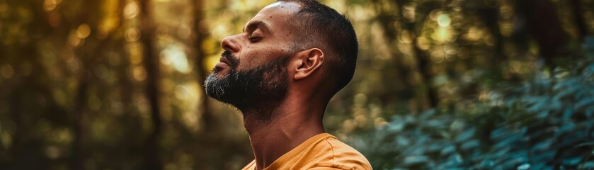 A young man is standing in a forest, with his eyes closed and his face upturned