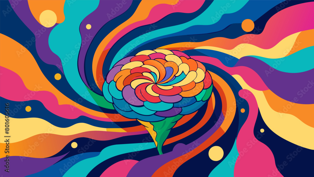 Poster an abstract representation of a brain is transformed into a swirling pool of psychedelic colors symb