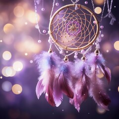 .Dreamcatcher on purple background, blurred garland, close-up, copy space