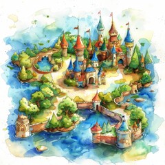 Fototapeta premium A watercolor painting of a whimsical castle with bright pastel colors and a rainbow flag flying from the top of the tallest tower
