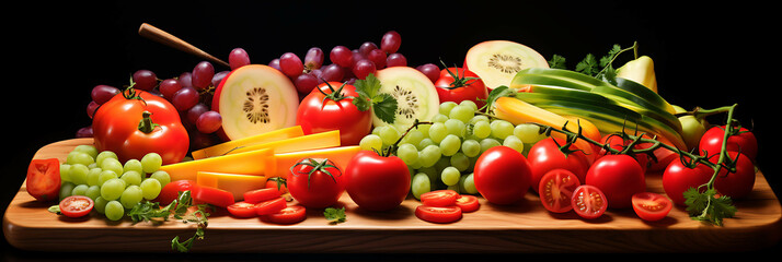 A fresh fruit and vegetable medley, including sliced apples, cucumbers, and cherry tomatoes, arranged in a pattern on a wooden platter.