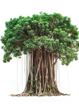 A large banyan tree with a thick trunk and long,Chui reta aerial roots.