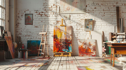 An artistâ€™s studio, flooded with natural light, where vibrant canvases lean against...