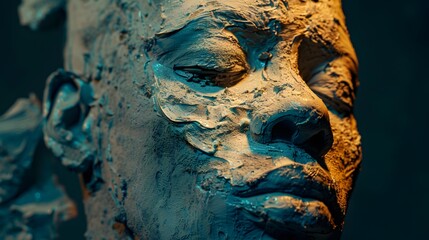 A close view of a cracked clay sculpture portraying interracial human face.