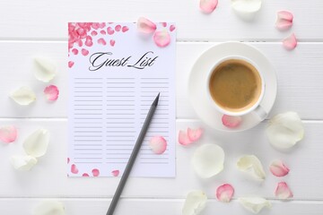 Guest list, pencil, coffee and petals on white wooden table, flat lay. Space for text