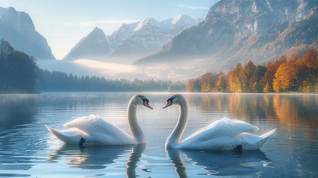 Two white swans gracefully float on the calm waters of Grundlsee, surrounded by misty mountains and vibrant autumn trees.