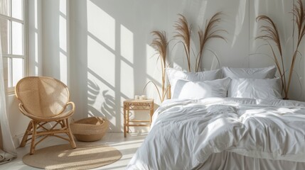 Warm sunlight bathes a cozy bedroom, highlighting a comfortable bed and a natural wicker chair.