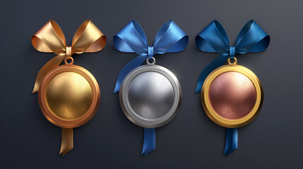Gold, silver, and bronze medals with elegant bows on dark background. Award medals with colorful ribbons for champions and winners. Set of 3D medal icons for sports apps and websites