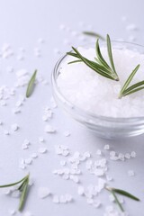 Salt and rosemary in bowl on light table, closeup