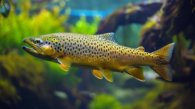 brown trout swimming in aquarium freshwater fish closeup photo