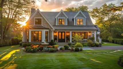 charming cape cod style house exterior in warm golden hour lighting architectural photography