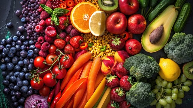 Healthy food assortment of colorful fresh organic fruits and vegetables. AI generated image