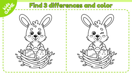Easter kids game Find 3 differences with cartoon rabbit. Happy hare in a nest with painted festive eggs. Spot the differences. Educational puzzle for preschool children. Outline vector illustration.
