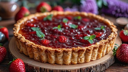   A close-up of a pie on a wooden surface with strawberries and other fruits surrounding it