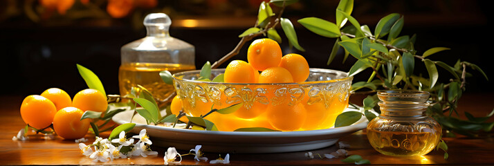 A kumquat placed on a decorative plate, with a few kumquat leaves nearby, and a drizzle of honey on top, in a luxurious setting.