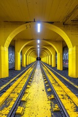 Obraz premium A train track with yellow walls and graffiti on the wall, AI