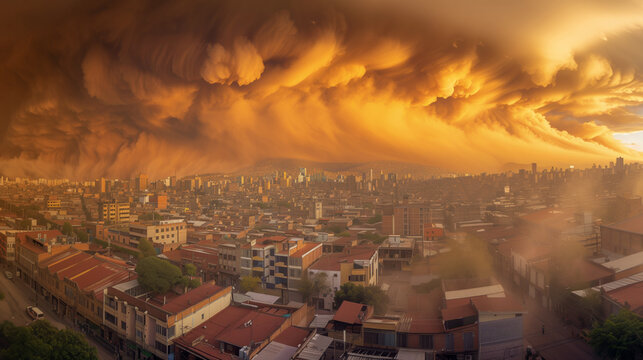 Gigantic dust storm over cityscape at dusk..