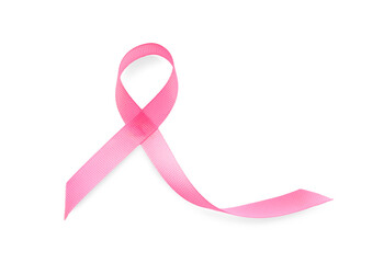 Pink ribbon isolated on white, top view