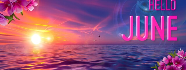 The text "HELLO JUNE" the sun with a beautiful sea landscape in background, sunset, purple sky Generative AI